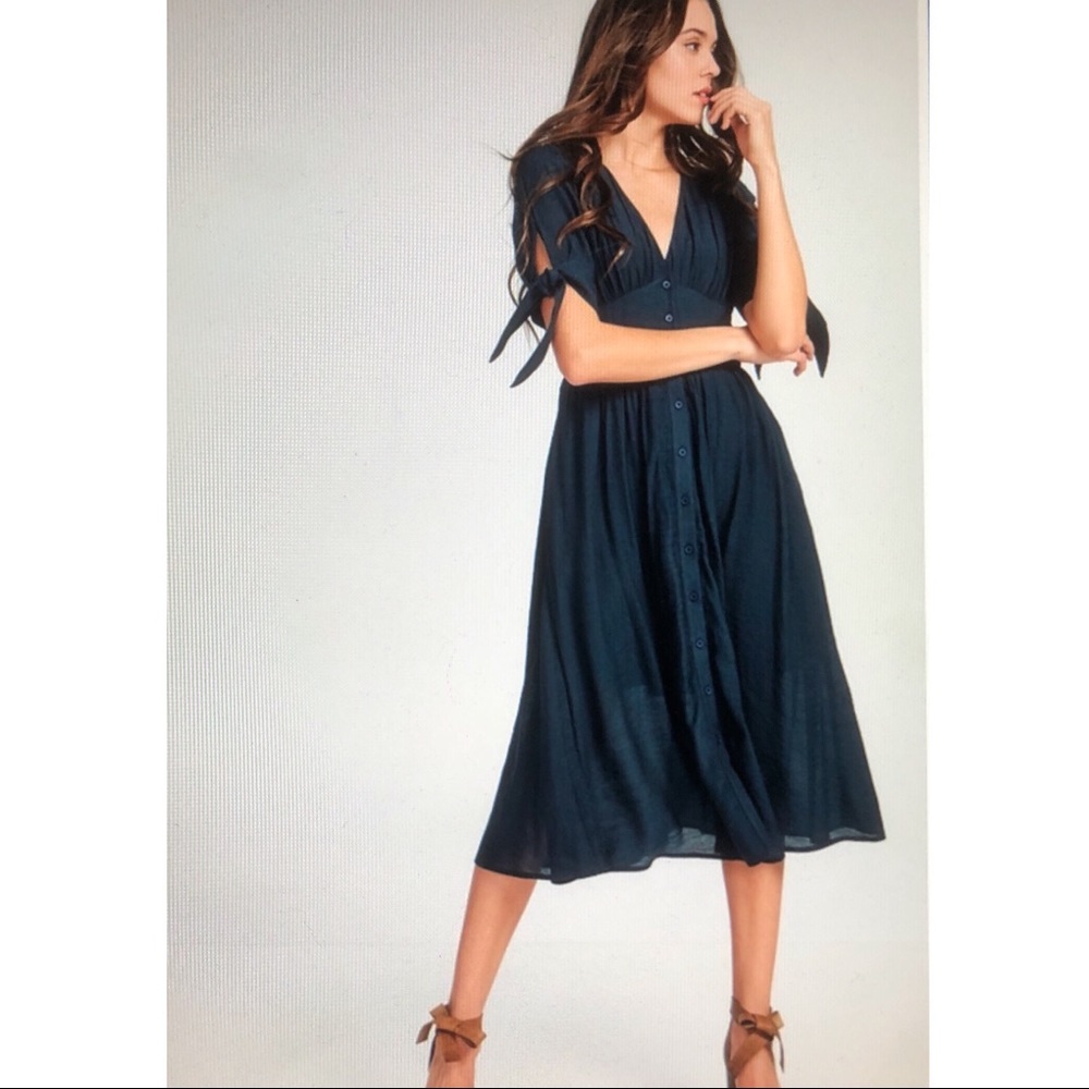 Navy Button-Front Midi Dress with Tie Sleeves